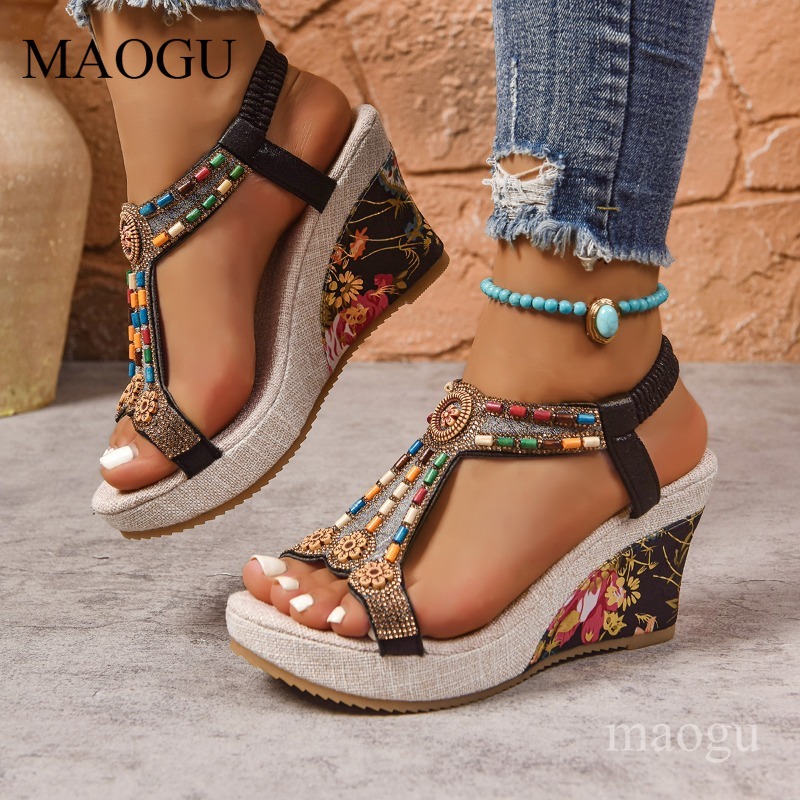 Ethnic Modern Fashion - Sandales compensées bohèmes à perles et